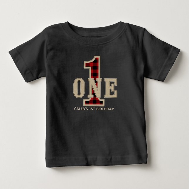 T-shirt Pour Bébé Rouge rustique Plaid Buffle Noir Fête de 1er Anniv (Devant)