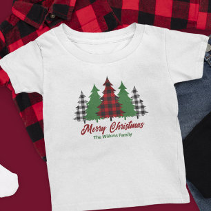 T-shirt Pour Bébé Rouges Rustiques Plaid Joyeux Arbres de Noël Perso