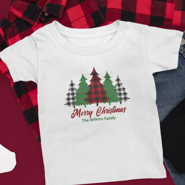 T-shirt Pour Bébé Rouges Rustiques Plaid Joyeux Arbres de Noël Perso (Créateur téléchargé)