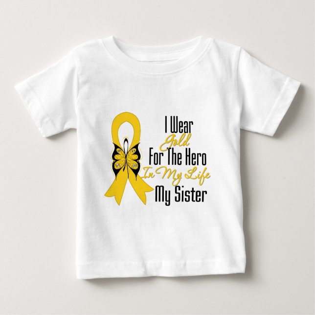 T-shirt Pour Bébé Ruban Cancer de l'enfance Mon héros Ma soeur (Devant)