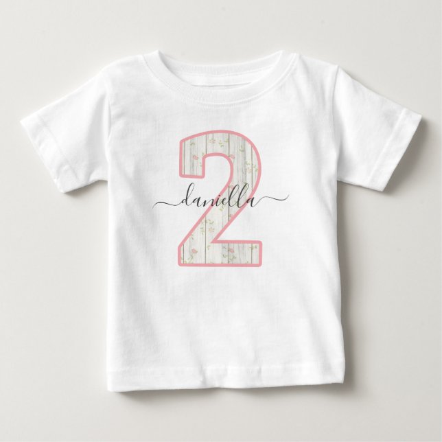 T-shirt Pour Bébé Rustique Shabby Chic Fleur Rose Bois 2 Deux Annive (Devant)