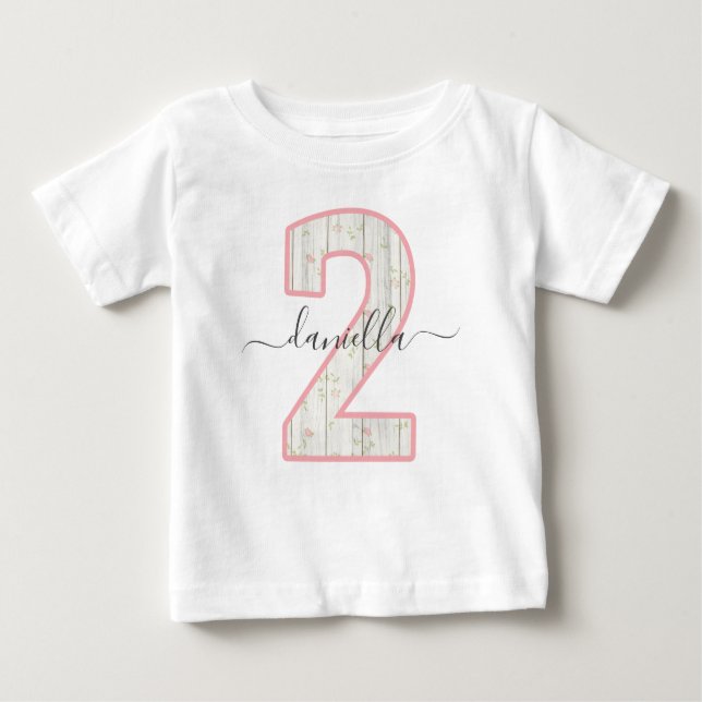 T-shirt Pour Bébé Rustique Shabby Chic Rose Bois Floral 2 Deux Anniv (Devant)
