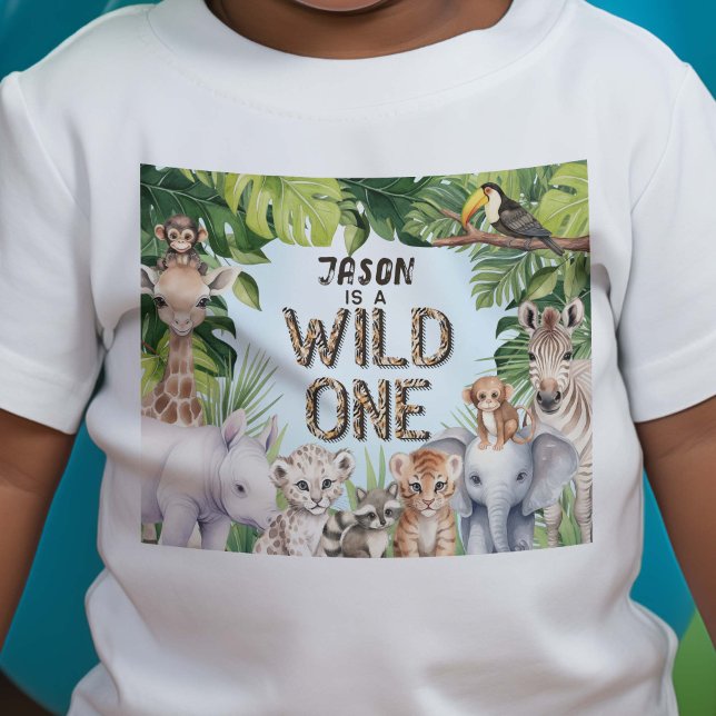 T-shirt Pour Bébé Safari Animaux, Blue Wild One, Garçon 1er annivers (Wild one, blue Safari themed boy 1st birthday t-shirt.)