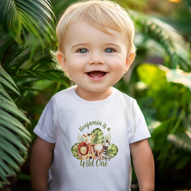 T-shirt Pour Bébé Safari Animaux Sauvages 1er Anniversaire Feuilles  (Créateur téléchargé)