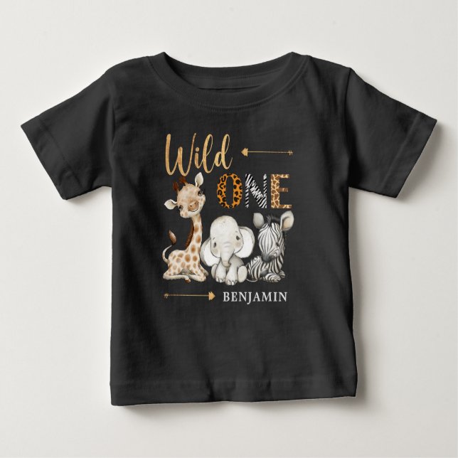 T-shirt Pour Bébé Safari Wild One Baby Animaux 1er Anniversaire (Devant)