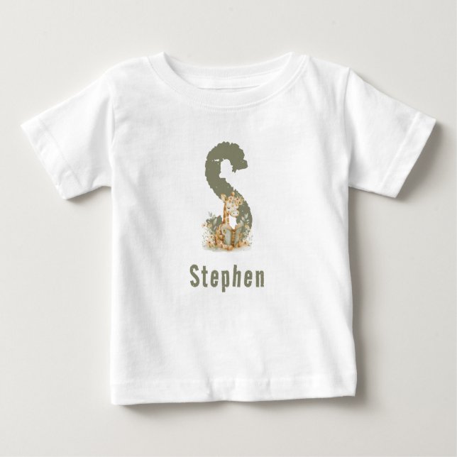 T-shirt Pour Bébé Sage Green Giraffe Monogramme & Nom (Devant)