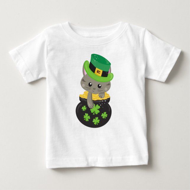 T-shirt Pour Bébé Saint Patrick's Day Chat, Clovers, Pot D'Or (Devant)
