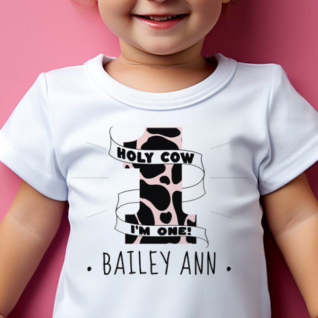 T-shirt Pour Bébé Sainte vache je suis la première Fille de premier  (holy cow I'm one first birthday bday shirt for girls pink cow print custom name)