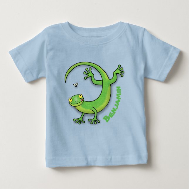 T-shirt Pour Bébé Salutations de gecko vert heureux mignon avec dess (Devant)