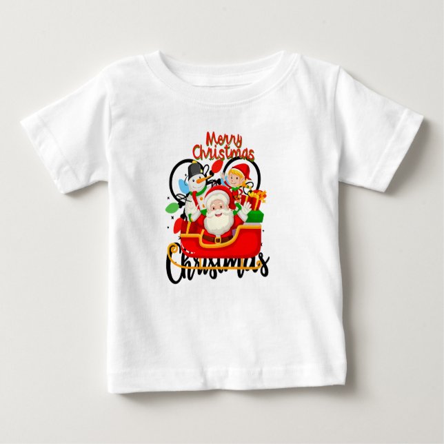 T-shirt Pour Bébé Santa Sleigh Merry Christmas Cartoon (Devant)