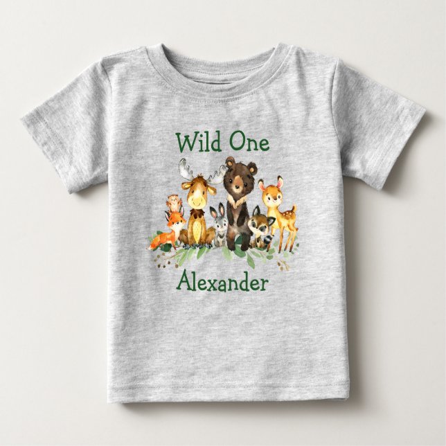 T-shirt Pour Bébé Sauvage Un 1er Anniversaire Forêt Animaux Gris (Devant)