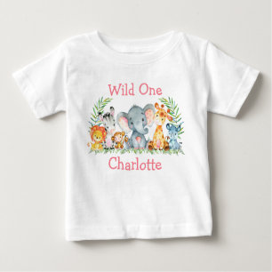 T-shirt Pour Bébé Sauvage Un 1er Anniversaire Safari Animaux Blanc R