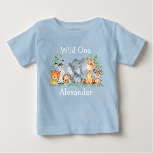 T-shirt Pour Bébé Sauvage Un 1er Anniversaire Safari Animaux Bleu