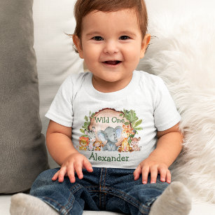 T-shirt Pour Bébé Sauvage Un 1er Anniversaire Safari Animaux Bois Ve