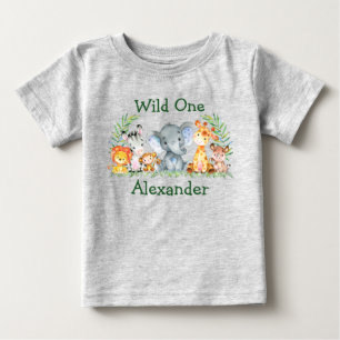 T-shirt Pour Bébé Sauvage Un 1er Anniversaire Safari Animaux Gris