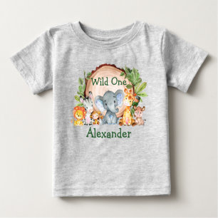 T-shirt Pour Bébé Sauvage Un 1er anniversaire Safari Animaux Gris