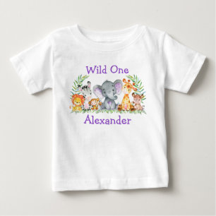 T-shirt Pour Bébé Sauvage Un 1er Anniversaire Safari Animaux Violet