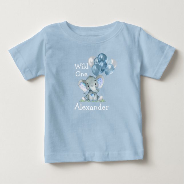 T-shirt Pour Bébé Sauvageon 1er Anniversaire Ballons Éléphant Bleu (Devant)