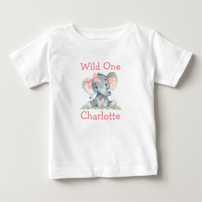 T-shirt Pour Bébé Sauvageon 1er Anniversaire Éléphant Rose Arc (Devant)
