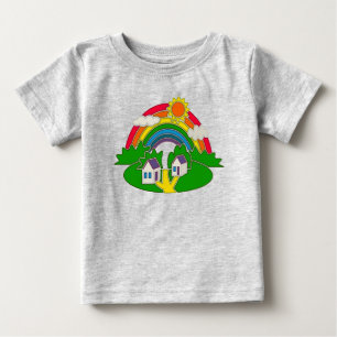 T-shirt Pour Bébé Scène rurale avec arc-en-ciel et maison de campagn