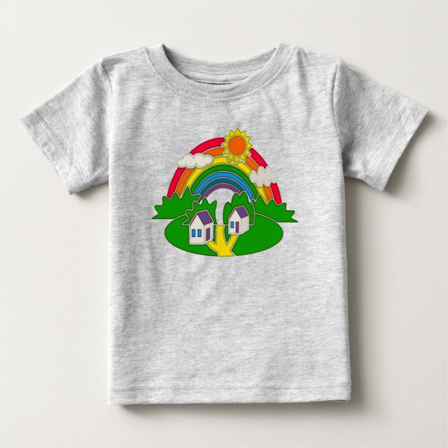 T-shirt Pour Bébé Scène rurale avec arc-en-ciel et maison de campagn (Devant)