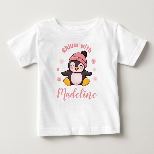 T-shirt Pour Bébé Se détendre avec Nom Mignon Manchot Noël Hiver  (Devant)
