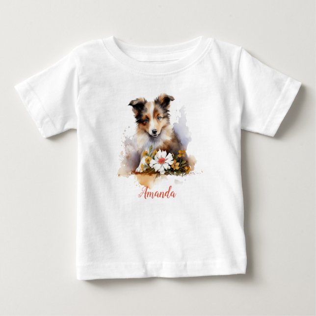 T-shirt Pour Bébé Shetland Sheepdog Chiot Pet Aquarelle (Devant)