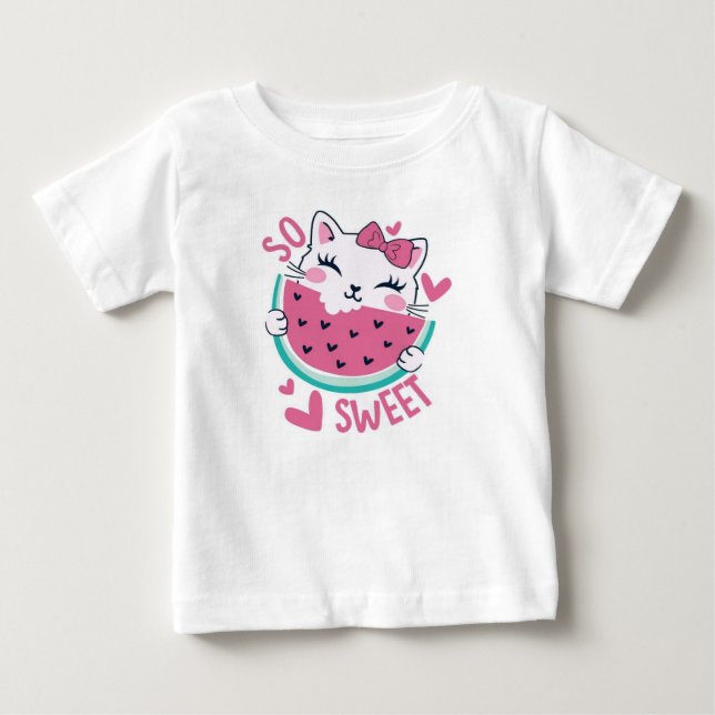 T-shirt Pour Bébé Si Douce Mignonne Chat Kawaii Mangeant Pastèque To (Devant)
