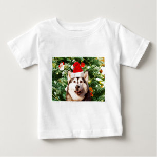 T-shirt Pour Bébé Sibérie Husky Arbre de Noël Ornements Snowman