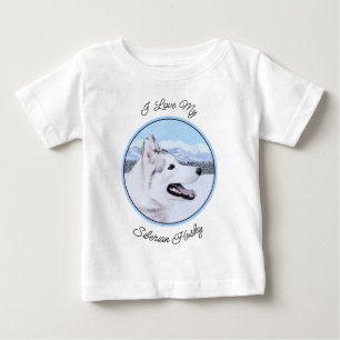T-shirt Pour Bébé Sibérie Husky (argent et blanc) Peinture Chien Art