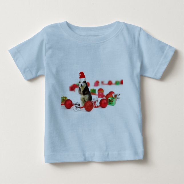 T-shirt Pour Bébé Sibérie Husky Noël avec boîte cadeau ornement (Devant)