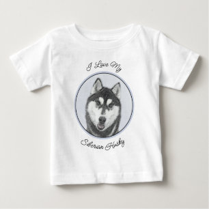 T-shirt Pour Bébé Sibérie Husky (noir et blanc) Peinture Chien Art