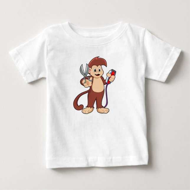 T-shirt Pour Bébé Singe comme coiffeur avec ciseaux et razor (Devant)