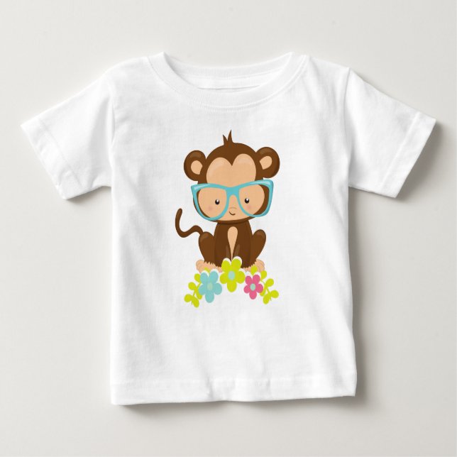T-shirt Pour Bébé Singe Hipster, Singe Avec Lunettes, Fleurs (Devant)