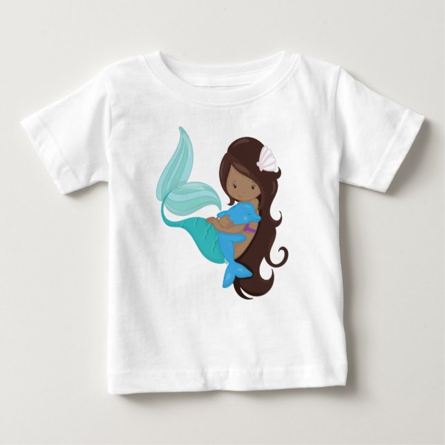 T-shirt Pour Bébé Sirène afro-américaine, cheveux Brown, dauphin (Devant)