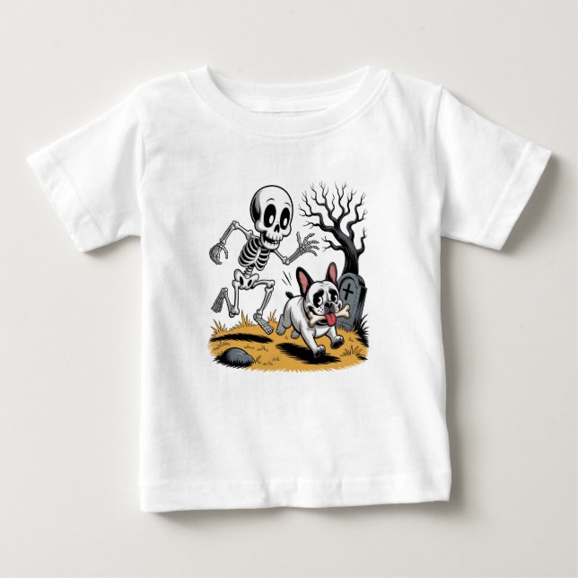 T-shirt Pour Bébé Skeleton vs French Bulldog – Funny Halloween Chase (Devant)