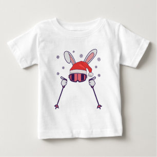 T-shirt Pour Bébé Ski Père Noël Rabbit avec Santa Hat et bâtons de s