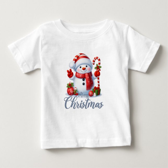 T-shirt Pour Bébé Smiling Snowman With Candy Cane Christmas Tee (Devant)