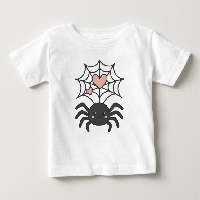 T-shirt Pour Bébé Smiling Spider Weaving a Heart Web Cute Halloween (Devant)