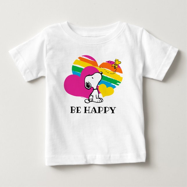 T-shirt Pour Bébé Snoopy et Woodstock | Coeurs arc-en-ciel (Devant)