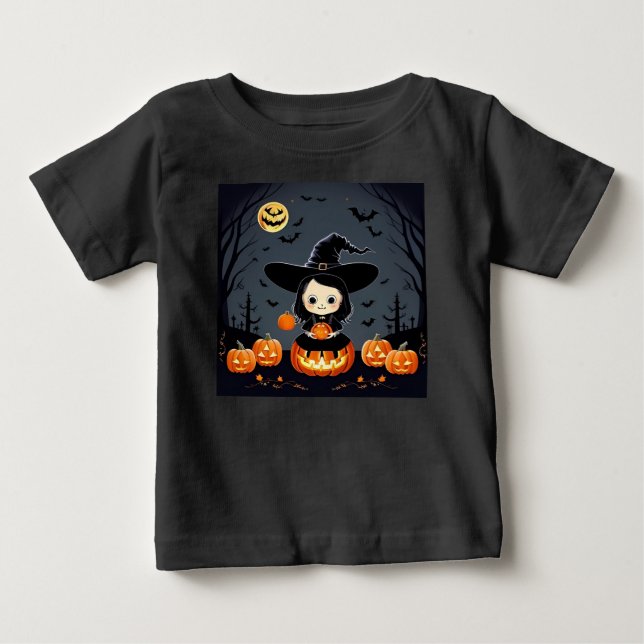 T-shirt Pour Bébé Sorcière adorable et citrouilles (Devant)