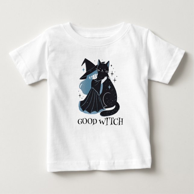 T-shirt Pour Bébé sorcière avec chat noir (Devant)