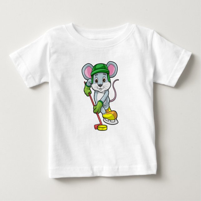 T-shirt Pour Bébé Souris de hockey sur glace avec bâton de hockey (Devant)