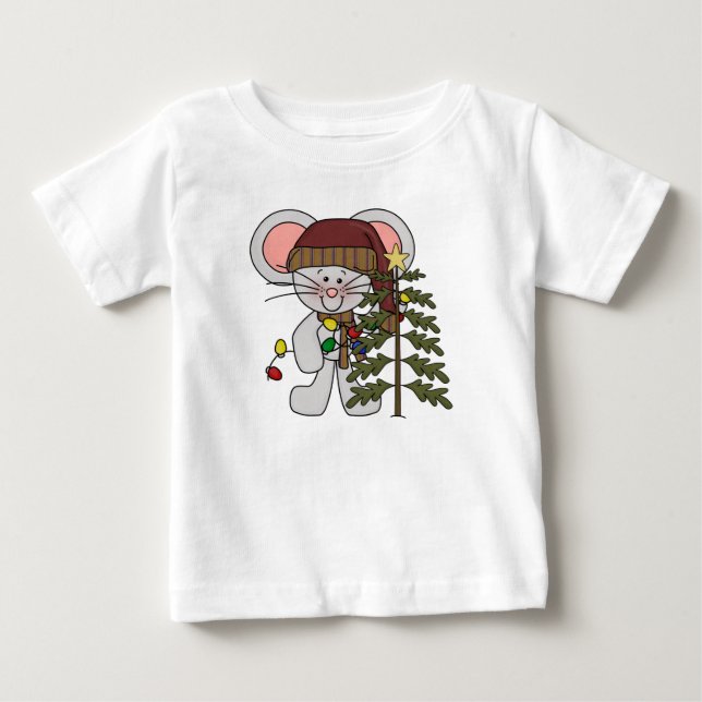 T-shirt Pour Bébé Souris de Noël décorant l'arbre (Devant)