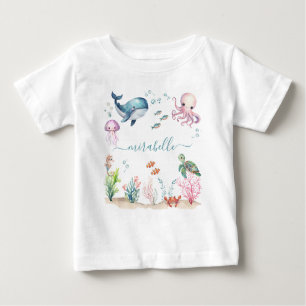 T-shirt Pour Bébé Sous La Mer Animaux Colorés Nom Personnalisé