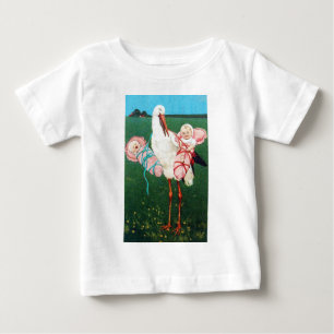 T-shirt Pour Bébé STORK TWIN BABY SHOWER DE FILLE, Rose Blanc