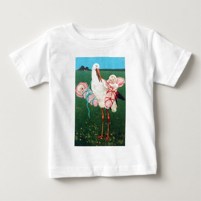 T-shirt Pour Bébé STORK TWIN BABY SHOWER DE FILLE, Rose Blanc (Devant)
