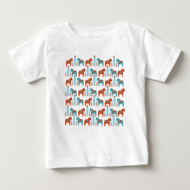 T-shirt Pour Bébé Suédois Folk Art Dola Chevaux et Fleurs Motif (Devant)