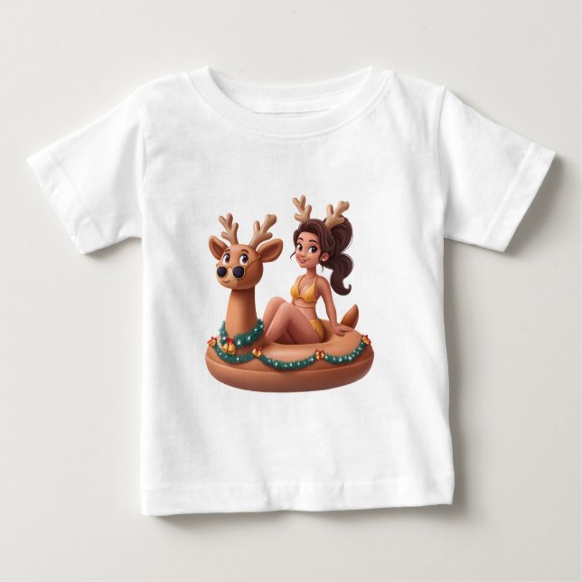 T-shirt Pour Bébé Summer Reindeer Holiday Fun Pool Party Design (Devant)