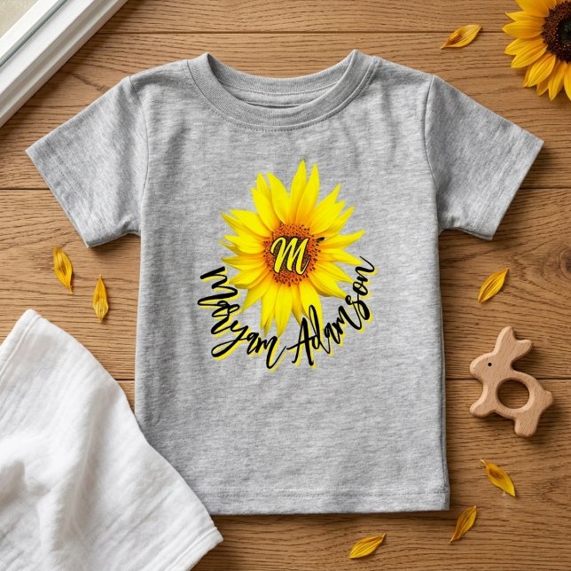 T-shirt Pour Bébé Sunshine Tournesol + Monogram Nom | Annonce  (custom text MOM Baby sunflower)